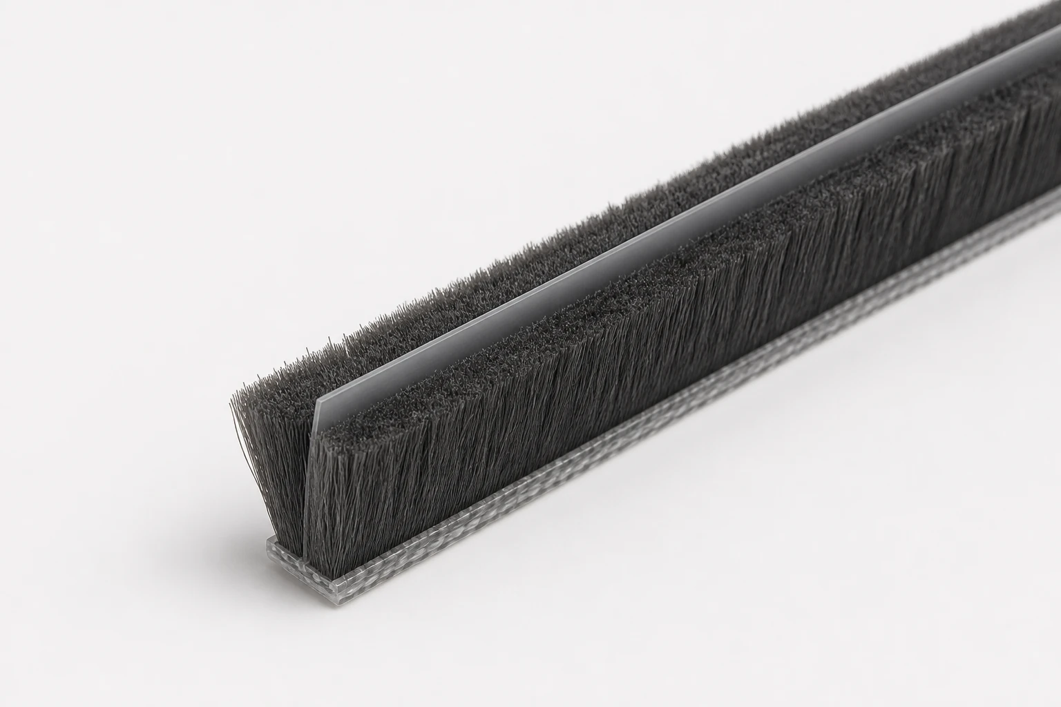 Finned weather strip brush with plastic center fin for aluminum window extrusion